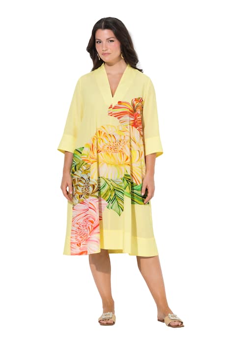 Midi šaty, květinový potisk, kalichový límec, 3/4 rukávy, lyocell