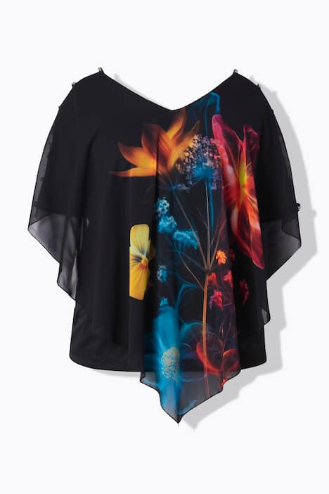 Blusa a doppio strato di chiffon con fantasia floreale, scollo a V e mezze maniche