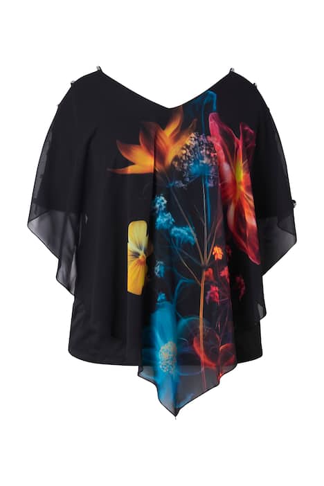 Šifónová halenka, květinový vzor, dvojitá vrstva, V výstřih, polo rukávy