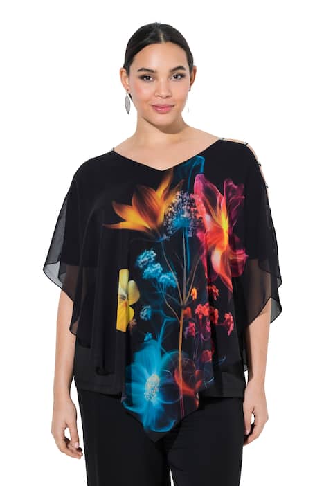 Šifónová halenka, květinový vzor, dvojitá vrstva, V výstřih, polo rukávy