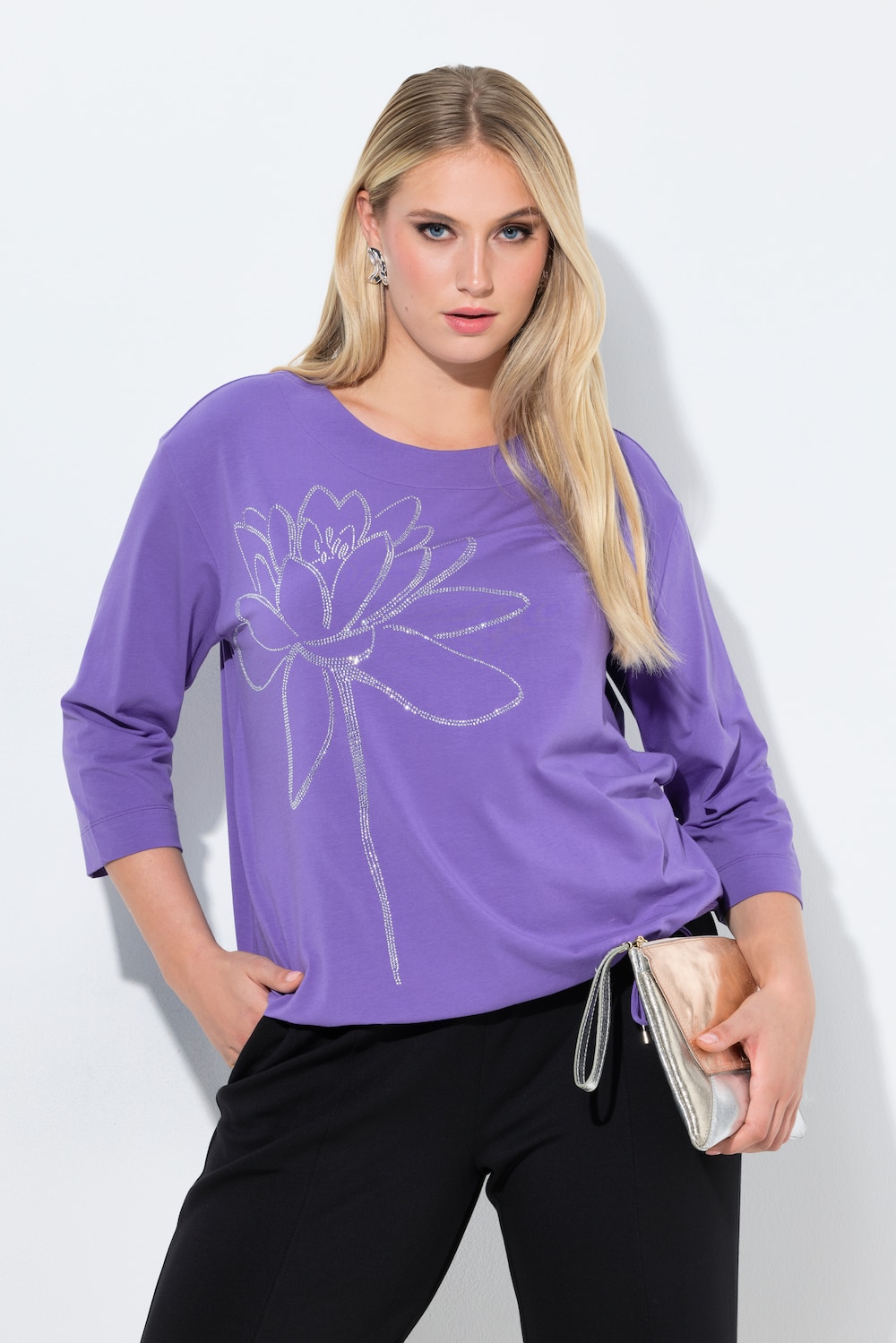 Shirt, siersteentjes, ronde hals, 3/4-mouwen, zoomband