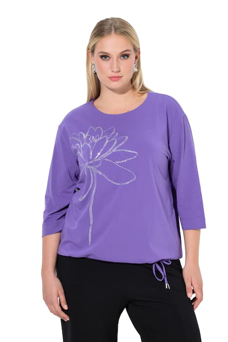 Tričko, ozdobné kamínky, kulatý výstřih, 3/4 rukávy, stuha na lemu