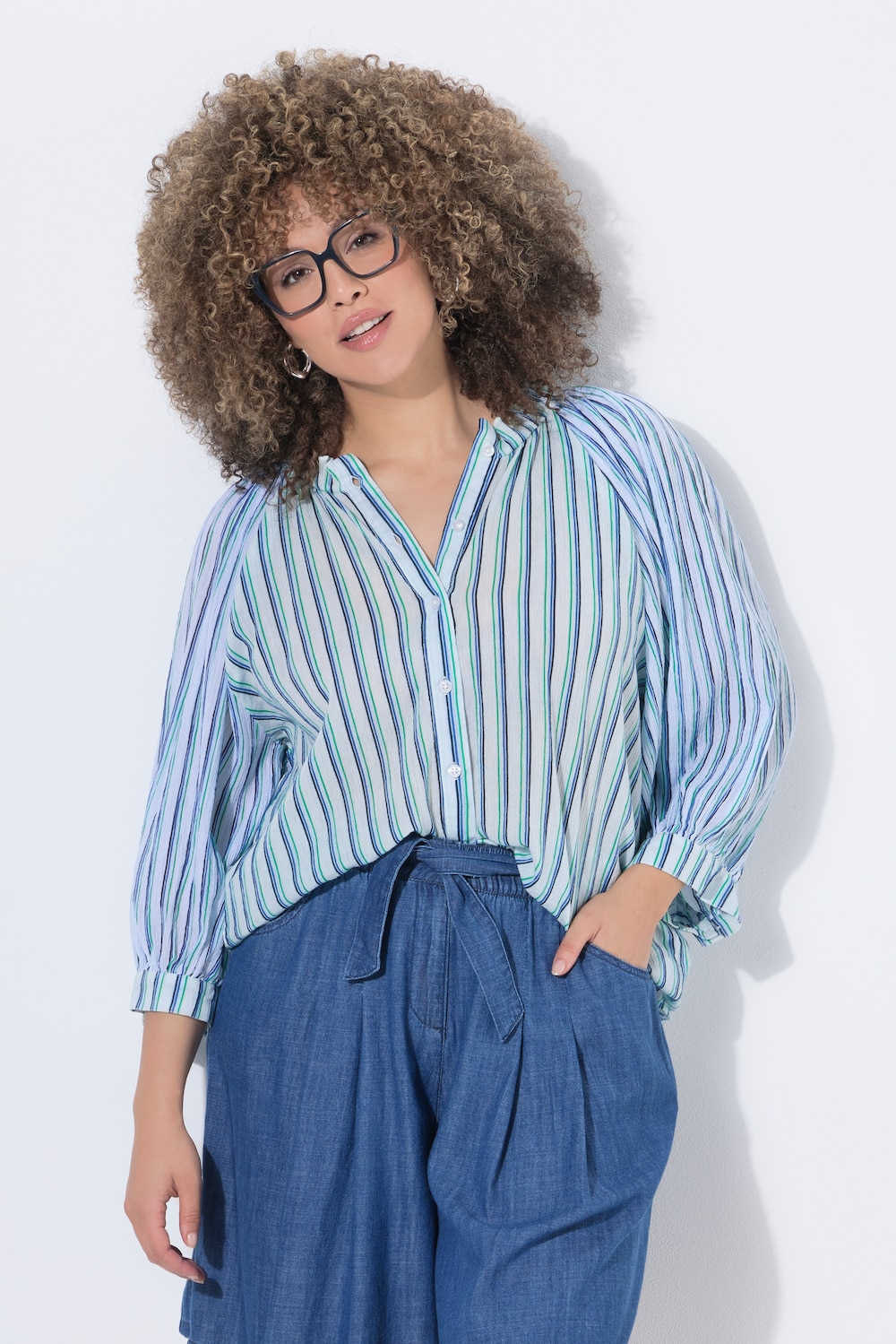 Bluse, Streifen, Oversized, Stehkragen-Rüsche, 3/4-Arm