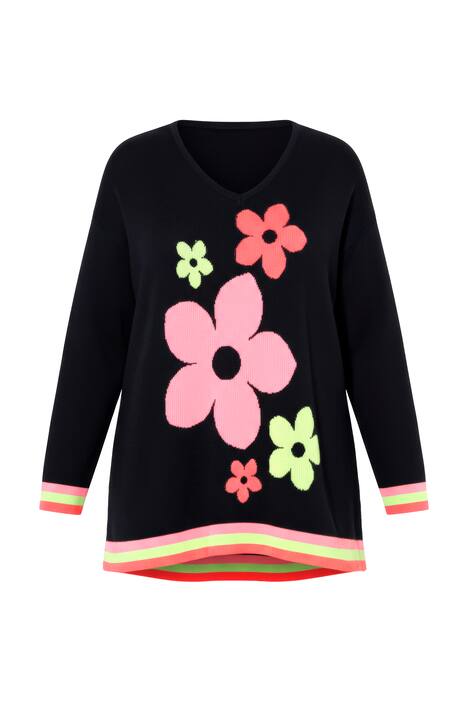 Svetr, neonové květy, výstřih do V, dlouhé rukávy