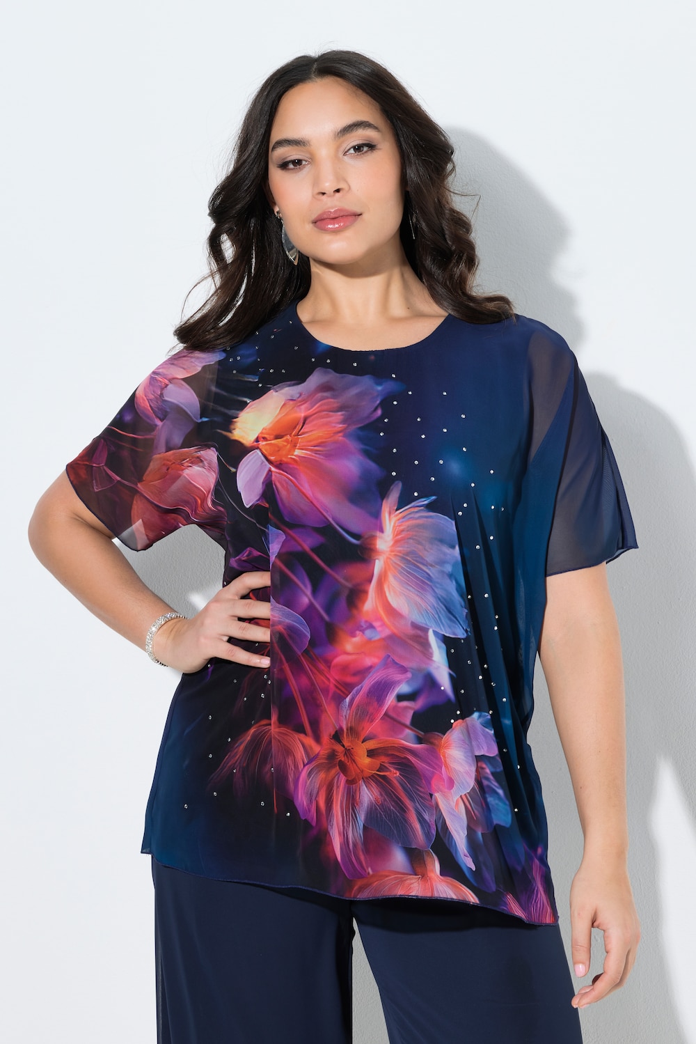 Blouse, bloemen, dubbelgelaagd, A-lijn, ronde hals, korte mouwen