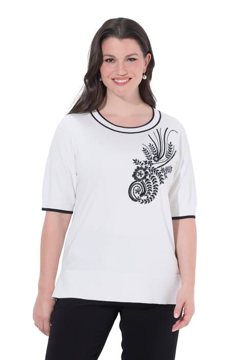 Pulovr twinset, výšivka s flitry, kulatý výstřih, polo rukávy