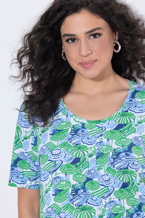 halenka, slunečníky, ozdobné záhyby, áčkový střih, kulatý výstřih, polodlouhý rukáv