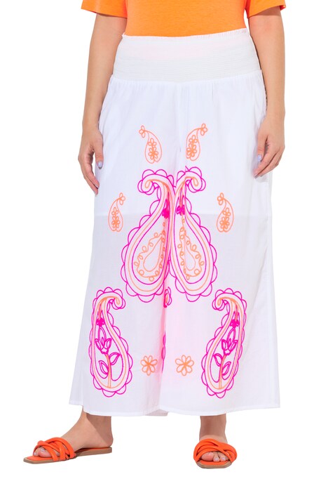 Kalhoty Culotte Rose, výšivky, široké nohavice, nařasený pas