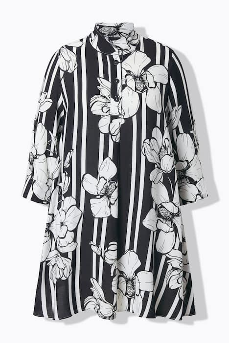 Tunika, Blüten/Streifen, A-Linie, Stehkragen, 3/4-Arm