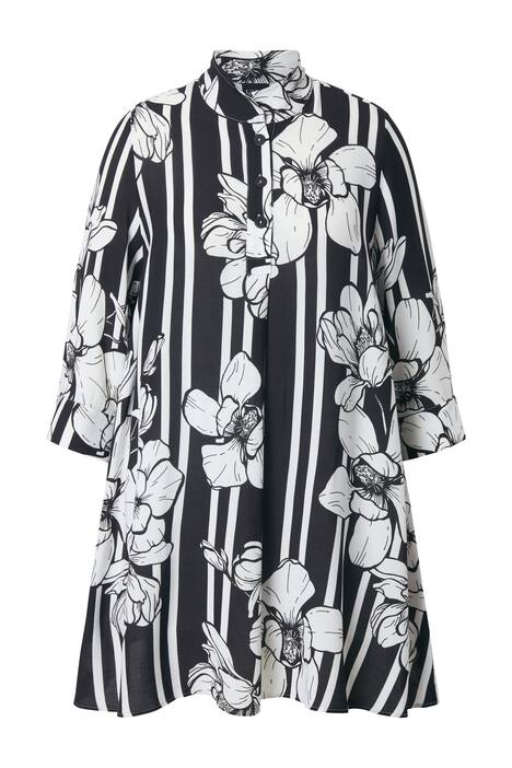 Tunika, květiny/pruhy, áčkový střih, stojáček, 3/4 rukávy