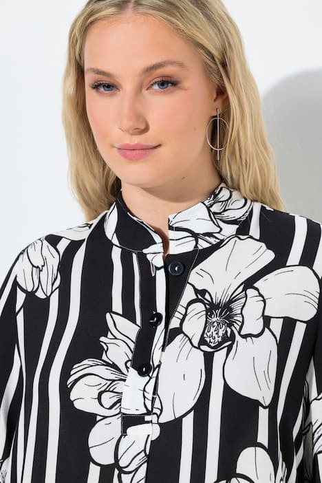 Tunika, Blüten/Streifen, A-Linie, Stehkragen, 3/4-Arm