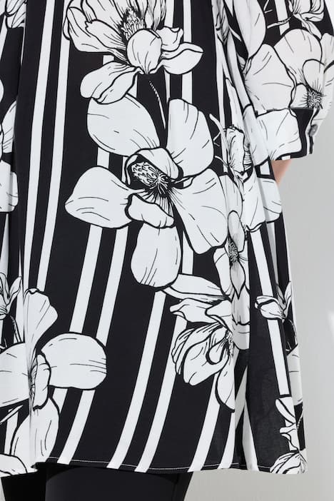 Tunika, Blüten/Streifen, A-Linie, Stehkragen, 3/4-Arm