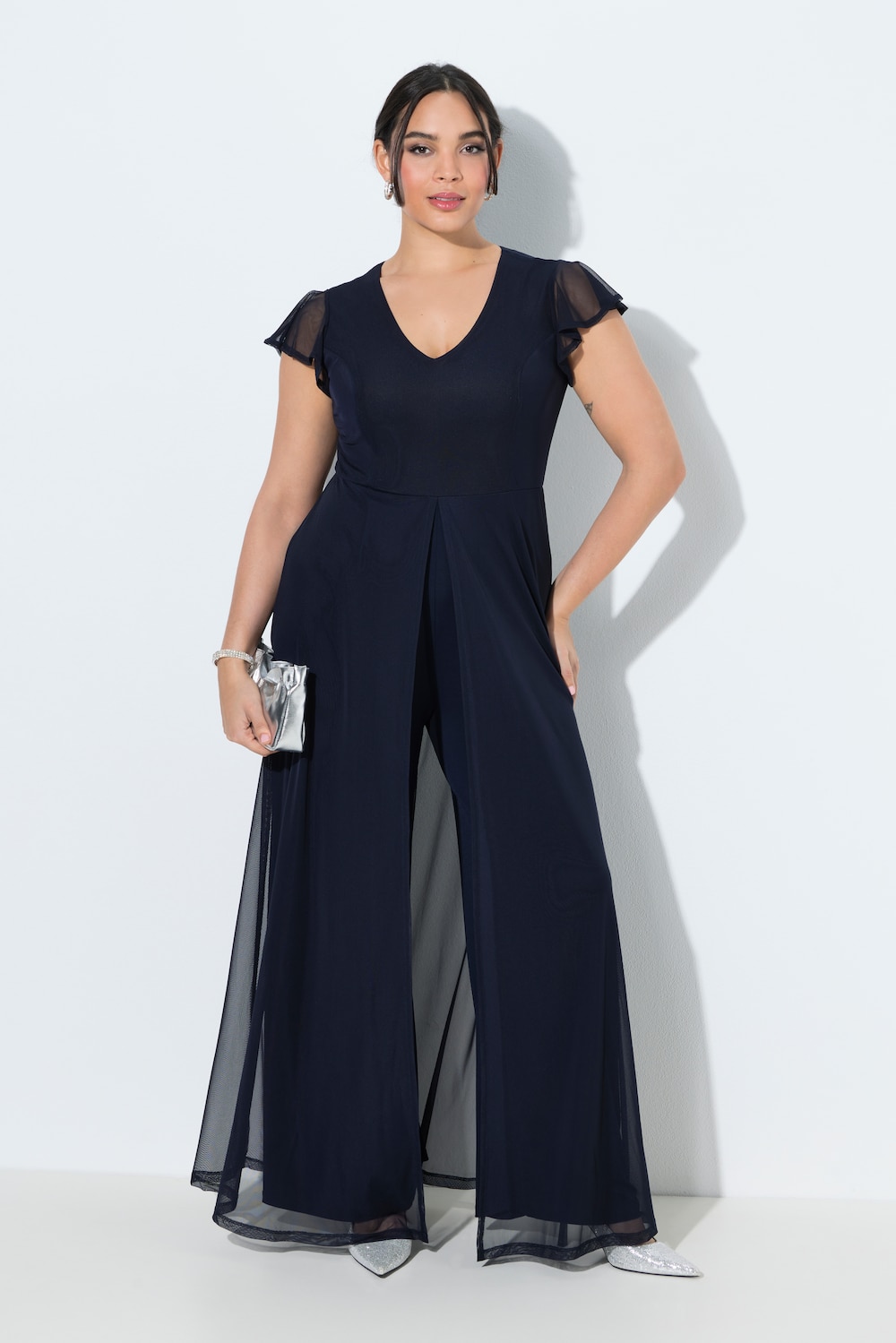 Jumpsuit, doppellagig, V-Ausschnitt, Cap-Ärmel