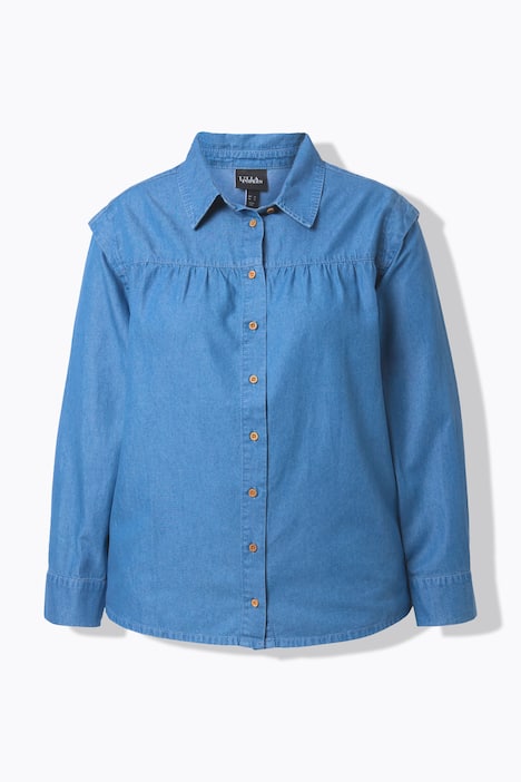 Koszula dżinsowa, podkreślone ramiona, kołnierzyk koszulowy, długi rękaw