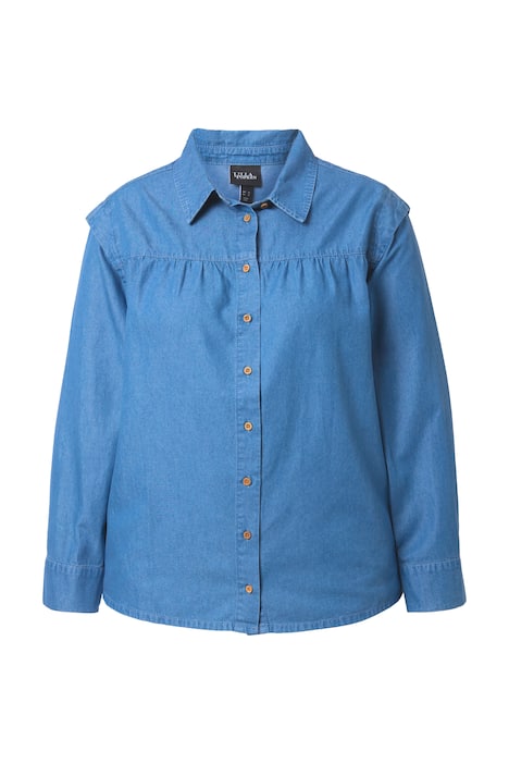 Džínová košile, zvýrazněná ramena, límec košile, dlouhý rukáv