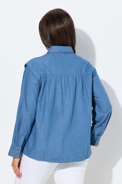 Koszula dżinsowa, podkreślone ramiona, kołnierzyk koszulowy, długi rękaw
