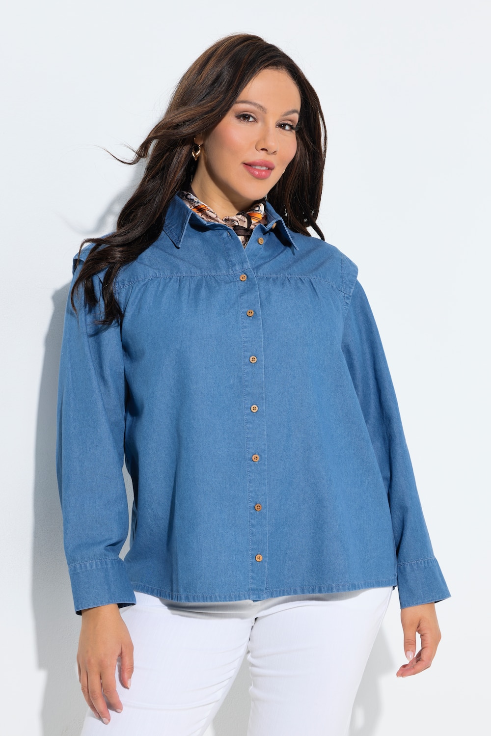 Jeansbluse, Schulterbetonung, Hemdkragen, Langarm