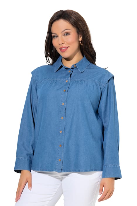 Džínová košile, zvýrazněná ramena, límec košile, dlouhý rukáv