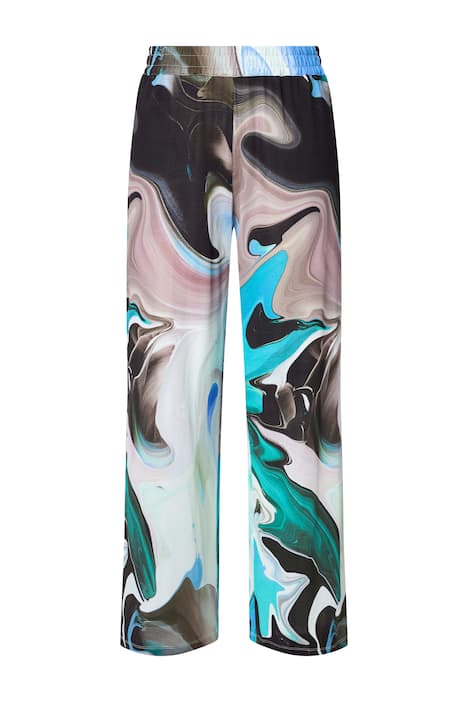 Splývavé kalhoty, mramorový design, široké nohavice, elastický pas
