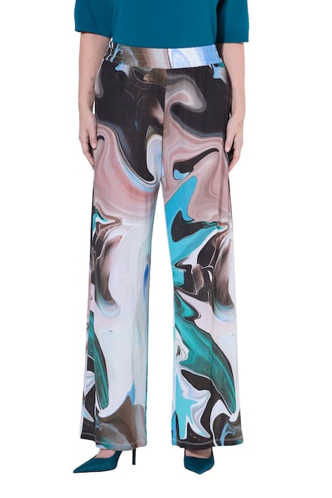 Splývavé kalhoty, mramorový design, široké nohavice, elastický pas