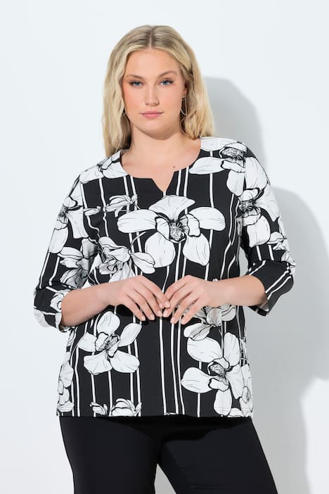 Shirt, Blüten/Streifen, A-Linie, V-Ausschnitt, 3/4-Arm