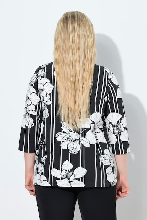 Shirt, Blüten/Streifen, A-Linie, V-Ausschnitt, 3/4-Arm