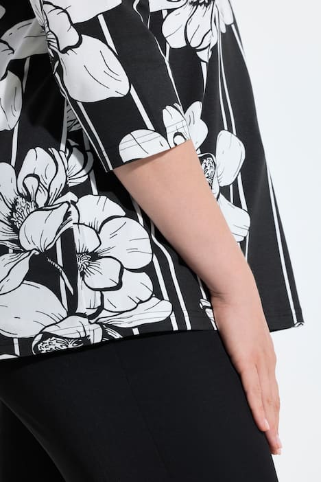 Shirt, Blüten/Streifen, A-Linie, V-Ausschnitt, 3/4-Arm