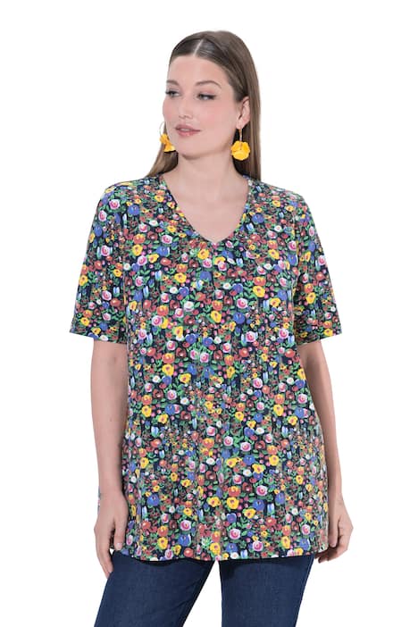 Halenka, květinový potisk, áčkový střih, V výstřih, polodlouhý rukáv
