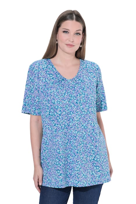 Halenka, květinový potisk, áčkový střih, V výstřih, polodlouhý rukáv