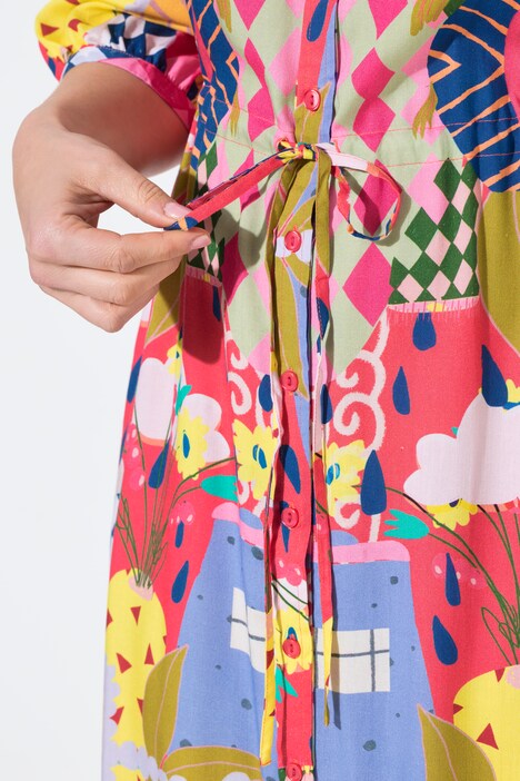 Sukienka midi, motyw wakacyjny, kołnierzyk koszulowy, rękawy 3/4