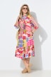 Sukienka midi, motyw wakacyjny, kołnierzyk koszulowy, rękawy 3/4