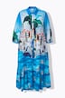 Sukienka midi, motyw wakacyjny, kołnierzyk koszulowy, rękawy 3/4