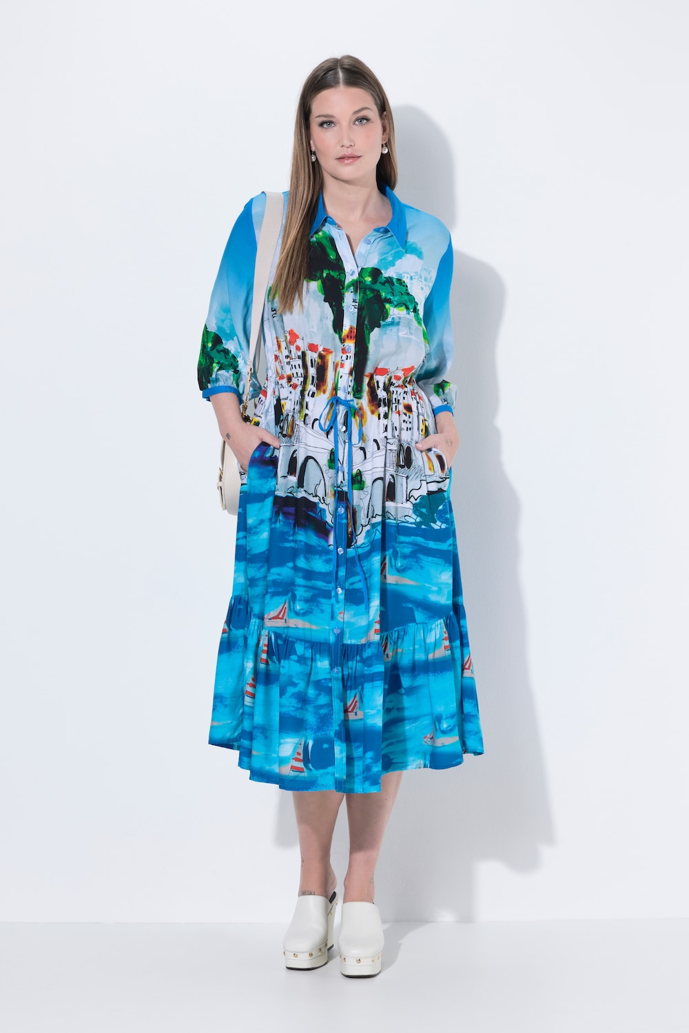 Midikjole, feriemotiv, skjortekrage, 3/4-ermer