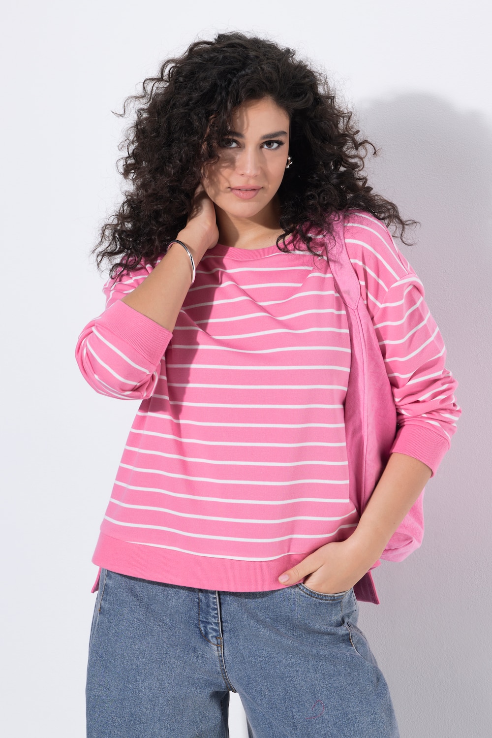 Sweatshirt, strepen, ronde hals, lange mouwen, langer achterpand