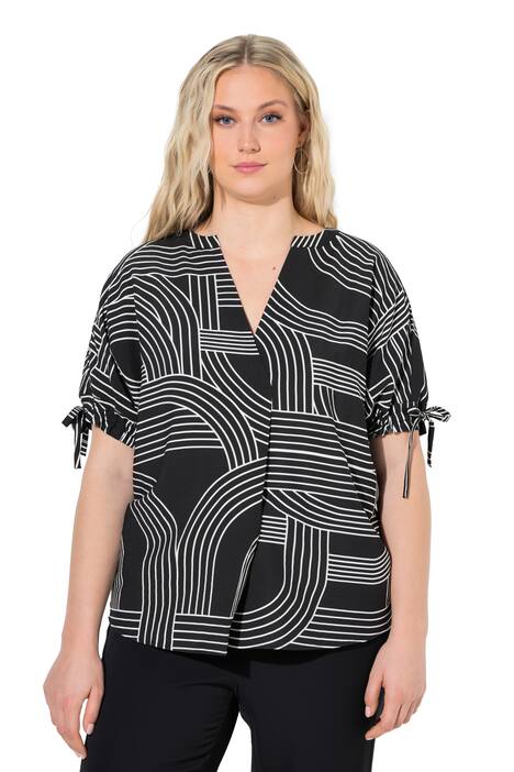 Halenka, grafický potisk, ozdobné sklady, V výstřih, polo rukávy