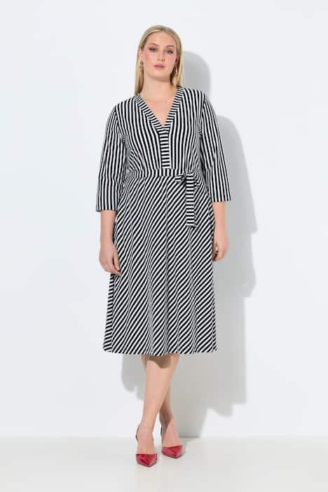 Mixed Stripe Tie Belt Stretch Fit Midi Dress