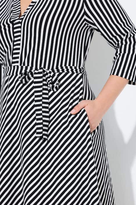 Mixed Stripe Tie Belt Stretch Fit Midi Dress