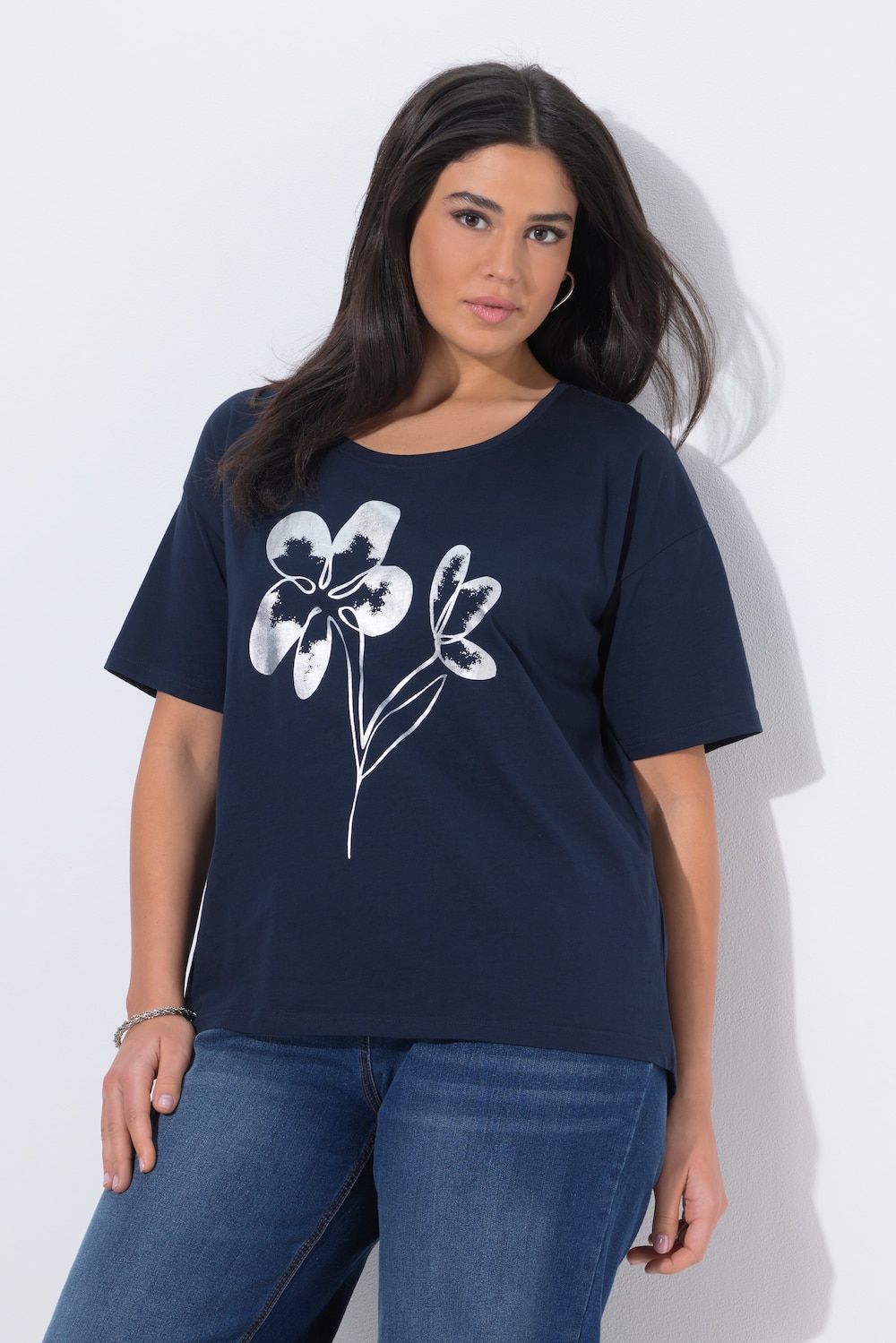 T-shirt, bloemen, oversized, V-hals, korte mouwen