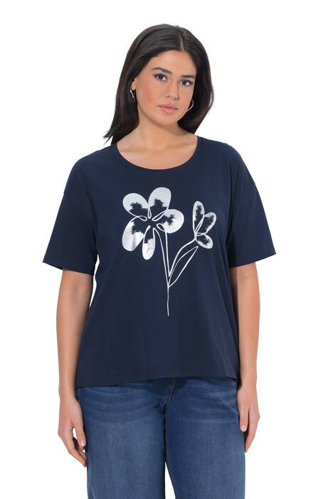 Tričko, květinový potisk, oversized, V výstřih, polo rukávy