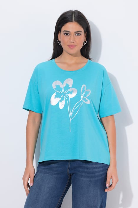 T-shirt, bloemen, oversized, V-hals, korte mouwen