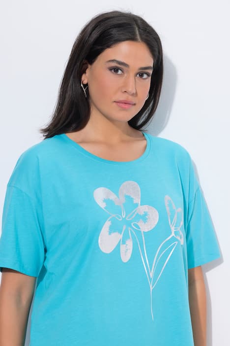 T-shirt, bloemen, oversized, V-hals, korte mouwen