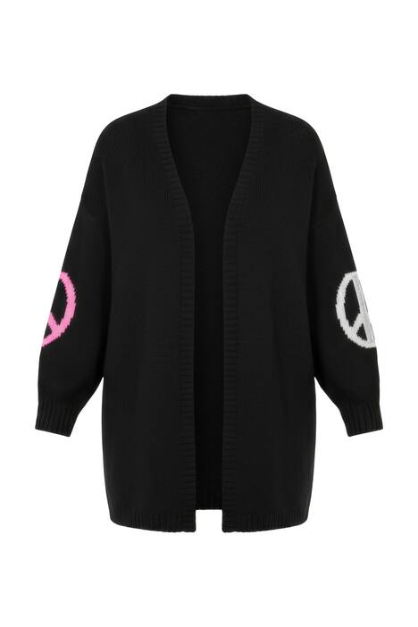 Rozepínací svetr, otevřený volný střih, kresba Peace, balónové rukávy