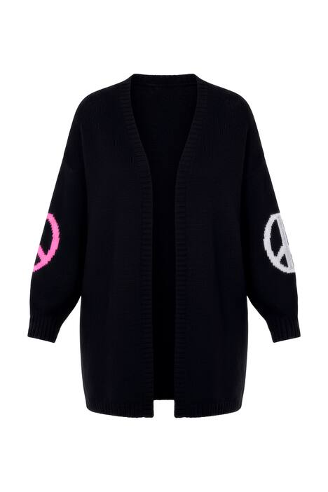 Rozepínací svetr, otevřený volný střih, kresba Peace, balónové rukávy