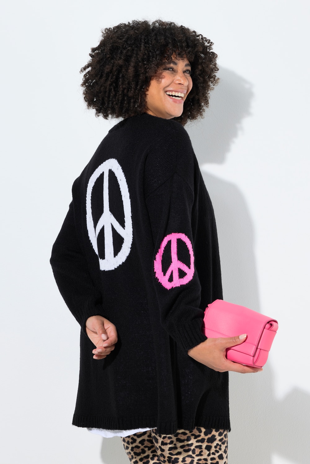 Strickjacke, offener Loose Fit, Peace-Zeichen, Ballonärmel