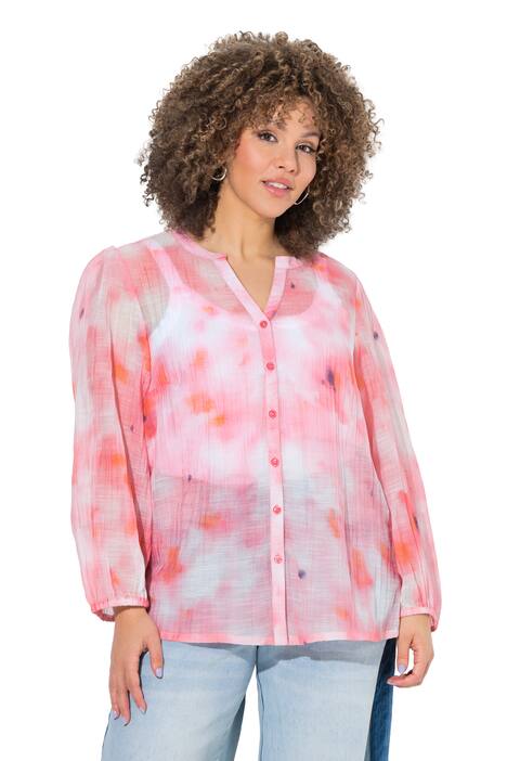 Šifonová halenka, batikovaný vzor, tunikový výstřih, balónový dlouhý rukáv