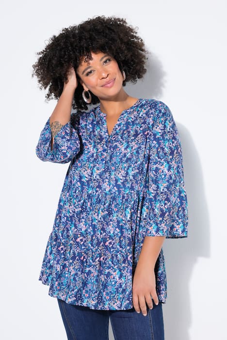 Bluse, A-Linie, Blümchenmuster, 3/4-Ärmel, Volants
