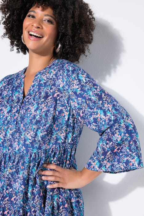 Bluse, A-Linie, Blümchenmuster, 3/4-Ärmel, Volants