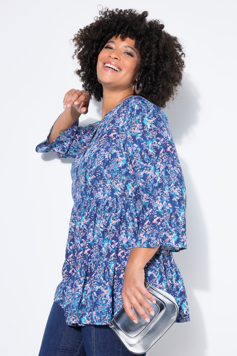 Blouse, A-lijn, bloemetjesmotief, 3/4-mouw, volants