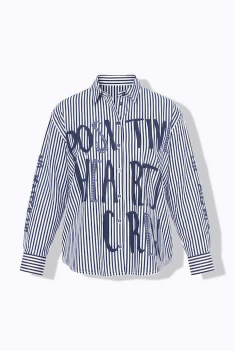 Hemdbluse, oversized, Streifen, Pailletten-Schriftzug