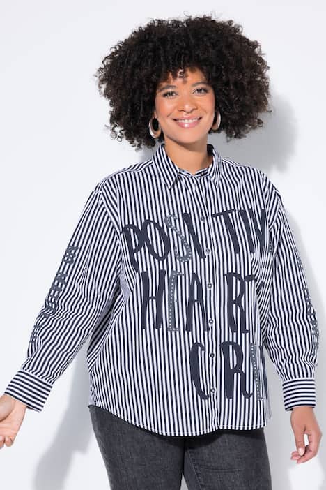 Hemdbluse, oversized, Streifen, Pailletten-Schriftzug